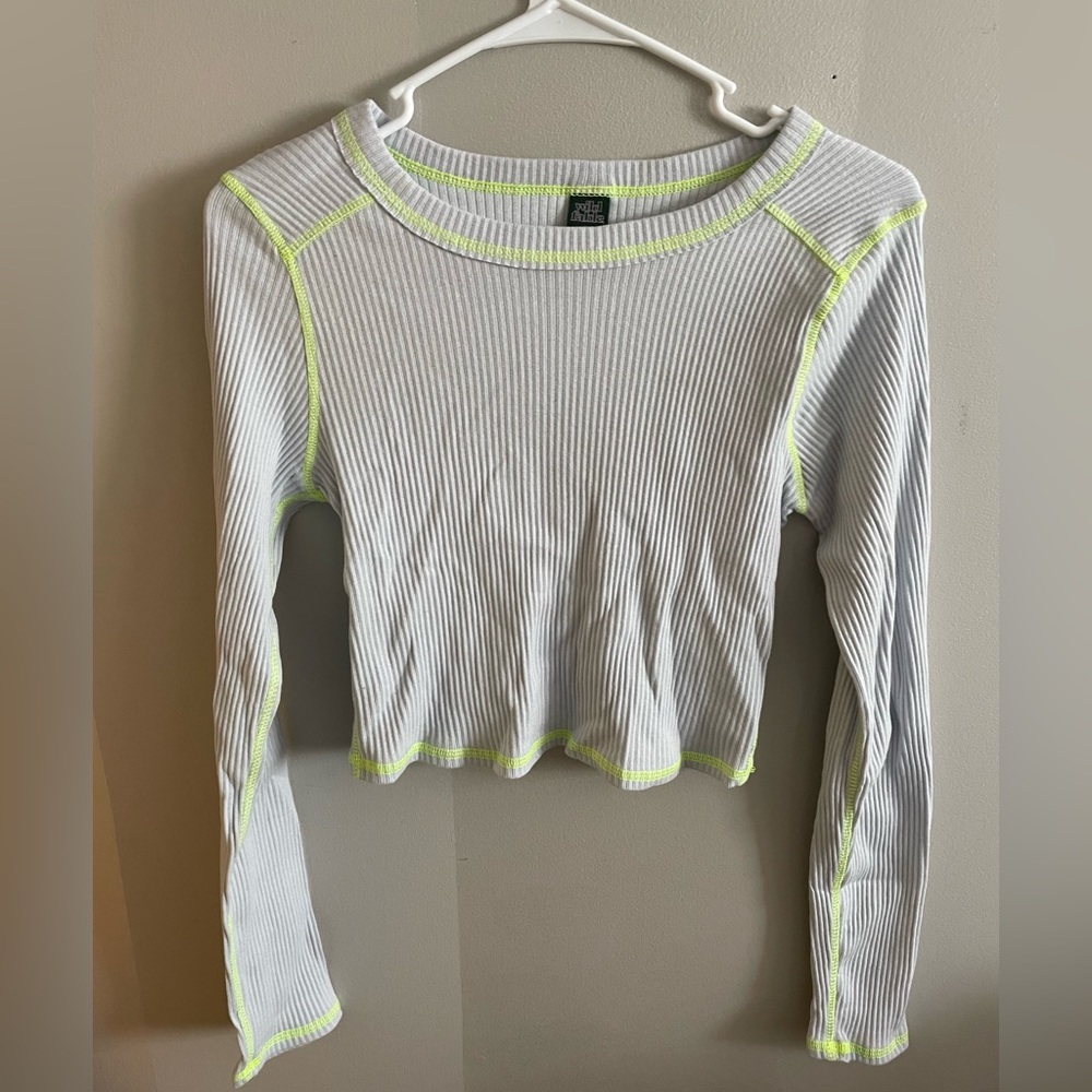 Costal long sleeve t-shirt. Light blue shirt with a neon yellow/green lining.